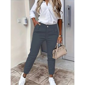 Women's Autumn Pocket Slim Fashion Casual Cropped Trousers (Option: Dark Grey-L)