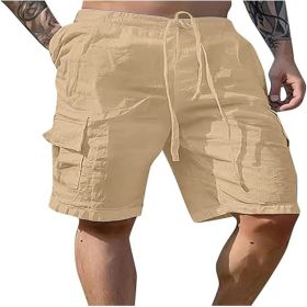 Cotton Linen Shorts Drawstring Elastic Waist Straight Leg Solid Color Breathable Beach Shorts (Option: Deep khaki-M)