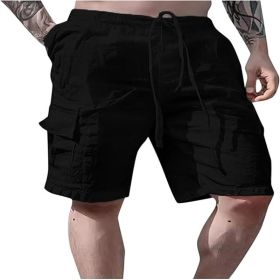 Cotton Linen Shorts Drawstring Elastic Waist Straight Leg Solid Color Breathable Beach Shorts (Option: Black-XL)