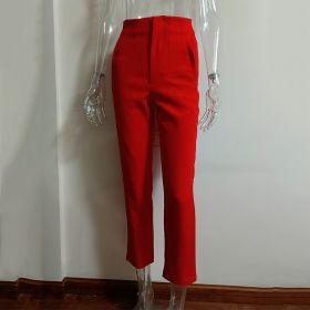 Pleated Casual High Waist Pure Color Slim-fit Basic Pants (Option: Red-M)