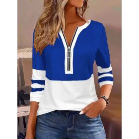 Women's V-collar Contrast Color Striped Loose Zip Long-sleeved T-shirt (Option: Blue-S)