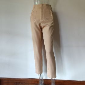 Pleated Casual High Waist Pure Color Slim-fit Basic Pants (Option: Camel color-S)