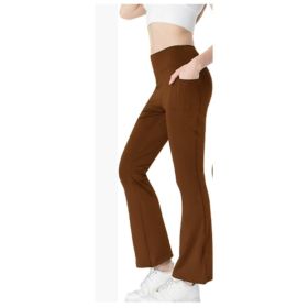 Ladies Mid Waist Abdominal-shaping Slimming Cropped Pants Casual Pocket Bootcut Trousers (Option: Coffee-M)