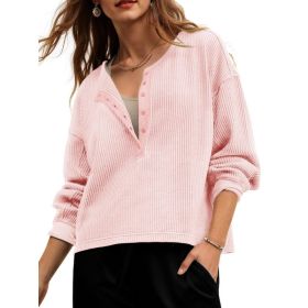 Fisoew Womens Cropped Sweatshirt Casual Waffle Knit Button V Neck Long Sleeve Loose Fit Fall Crop Tops (Option: Light Pink-M)