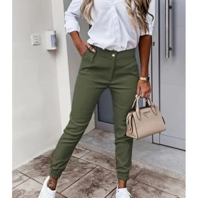 Women's Autumn Pocket Slim Fashion Casual Cropped Trousers (Option: Dark Green-M)