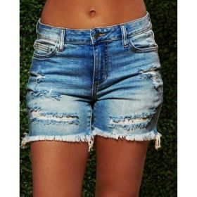 New Style Ripped Fringed High Stretch Denim Shorts Women (Option: Dark Blue-S)