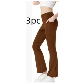 Ladies Mid Waist Abdominal-shaping Slimming Cropped Pants Casual Pocket Bootcut Trousers (Option: Coffee 3PC-S)