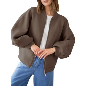Fisoew Womens Zip Up Sweatshirt Casual Bomber Jacket Lantern Sleeve Oversized Jacket Fall Outfits 2025 (Option: Coffee-M)
