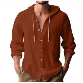 Cotton And Linen Shirt Hooded Sweater Button Long Sleeve (Option: Brick red-XXL)