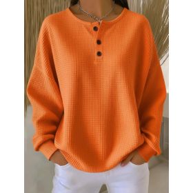 Ins Waffle Long-sleeved T-shirt Fashion Solid Color Buttons Round Neck Pullover Top Women's Clothing (Option: Orange-S)
