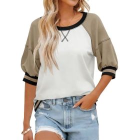 Fisoew Womens Crewneck Sweatshirt Ribbed Raglan Half Sleeve Pullover Tops Color Block Loose Fit Sweatshirts (Option: Khaki-XXL)