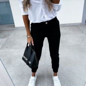 Women's Autumn Pocket Slim Fashion Casual Cropped Trousers (Option: Black-S)