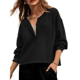 Fisoew Womens Cropped Sweatshirt Casual Waffle Knit Button V Neck Long Sleeve Loose Fit Fall Crop Tops (Option: Black-L)