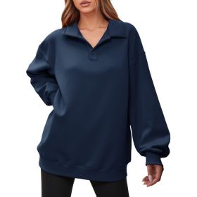Fisoew Women Collared V Neck Sweatshirt Casual Oversized Long Sleeve Fashion Pullover Tops (Option: Navy-XL)