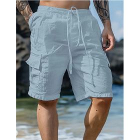 Cotton Linen Shorts Drawstring Elastic Waist Straight Leg Solid Color Breathable Beach Shorts (Option: Light Blue-S)