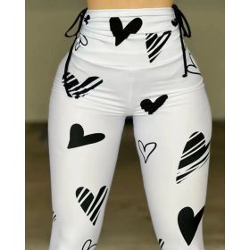Drawstring Heart Print Yoga Sports Hip-hop Fitness Leggings (Option: White-S)