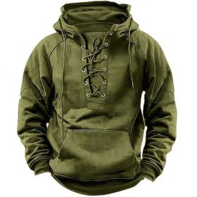 Ins Lace-up Hoodie Casual Sports Pocket Sweatshirt Men's Long-sleeved Top Clothing (Option: Army Green-S)