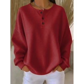 Ins Waffle Long-sleeved T-shirt Fashion Solid Color Buttons Round Neck Pullover Top Women's Clothing (Option: Red-S)