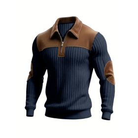 Notched-collar Patchwork Knit Top With Embroidered Zipper Hoodie (Option: Navy Blue-S)