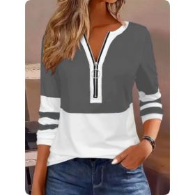 Women's V-collar Contrast Color Striped Loose Zip Long-sleeved T-shirt (Option: Grey-L)