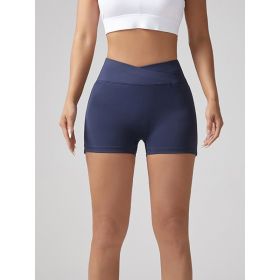 V-waist Stretch Yoga Workwear, Pocket Button Tight Pants, Women's Peach Hip Running And Fitness Shorts (Option: Navy Blue-S)