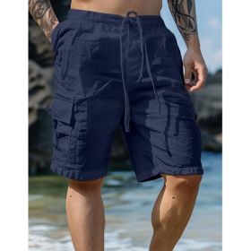 Cotton Linen Shorts Drawstring Elastic Waist Straight Leg Solid Color Breathable Beach Shorts (Option: Navy Blue-S)
