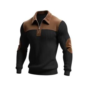 Notched-collar Patchwork Knit Top With Embroidered Zipper Hoodie (Option: Black-S)