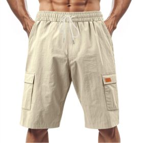 Loose Sports And Leisure Solid Color Linen Drawstring Shorts (Option: L-Khaki with Label)