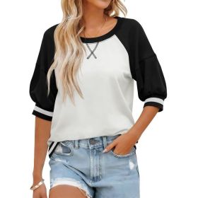 Fisoew Womens Crewneck Sweatshirt Ribbed Raglan Half Sleeve Pullover Tops Color Block Loose Fit Sweatshirts (Option: Black-XXL)
