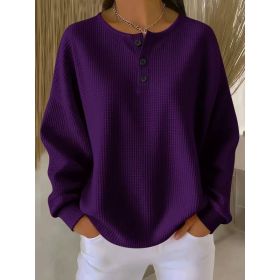 Ins Waffle Long-sleeved T-shirt Fashion Solid Color Buttons Round Neck Pullover Top Women's Clothing (Option: Purple-S)