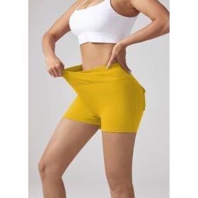 V-waist Stretch Yoga Workwear, Pocket Button Tight Pants, Women's Peach Hip Running And Fitness Shorts (Option: Yellow-S)