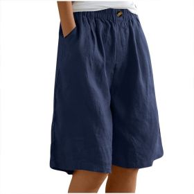 Women's Casual High Waist Loose Fit Solid Color Shorts - Button & Elastic Waist With Pockets, Comfortable Summer Shorts (Option: Navy Blue-S)