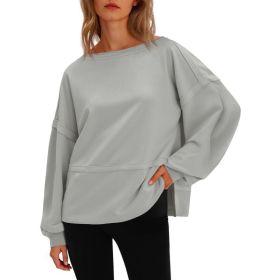 Fisoew Womens Casual Crewneck Sweatshirts Lantern Long Sleeve Side Slit Loose Sweatshirt Fall Crop Pullover Tops (Option: Grey-S)