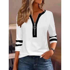 Women's V-collar Contrast Color Striped Loose Zip Long-sleeved T-shirt (Option: White-L)