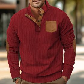 Patch Pocket Jacket Stand Collar Long Sleeve Corduroy Multicolor Hoodie (Option: Wine Red-S)