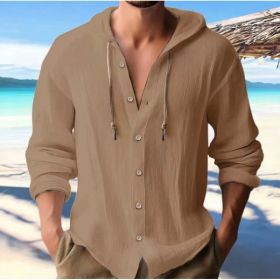 Cotton And Linen Shirt Hooded Sweater Button Long Sleeve (Option: Dark Brown-L)