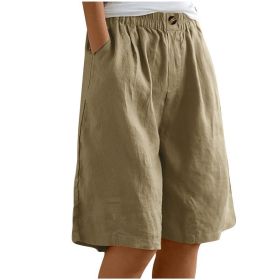 Women's Casual High Waist Loose Fit Solid Color Shorts - Button & Elastic Waist With Pockets, Comfortable Summer Shorts (Option: Khaki-M)