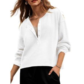 Fisoew Womens Cropped Sweatshirt Casual Waffle Knit Button V Neck Long Sleeve Loose Fit Fall Crop Tops (Option: White-L)