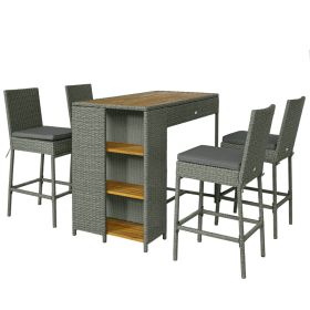5 Piece Wicker Outdoor Bar Set, Acacia Wood Outdoor High Top Table and Chairs with 3 Tier Shelves, Cushions, Gray (Option: Gray-1175x480x380 mm)