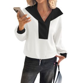 Fisoew Womens Cropped Oversized Sweatshirt Casual Lapel V Neck Long Sleeve Contrast Drawstring Loose Fit Fall Pullover Tops (Option: White-M)