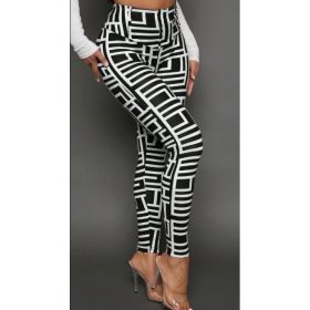 Casual Women Geometric Print Knitted Leggings (Option: Black and white-3XL)