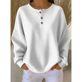 Round Neck Waffle Solid Color Pullover Loose Top (Option: White-M)
