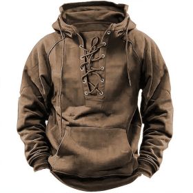 Ins Lace-up Hoodie Casual Sports Pocket Sweatshirt Men's Long-sleeved Top Clothing (Option: Khaki-M)