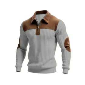 Notched-collar Patchwork Knit Top With Embroidered Zipper Hoodie (Option: Gray-M)