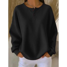 Round Neck Waffle Solid Color Pullover Loose Top (Option: Black-M)