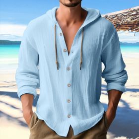 Cotton And Linen Shirt Hooded Sweater Button Long Sleeve (Option: Sky Blue-M)