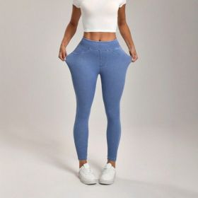 High Waist Slimming Hip Raise Tight Double Pocket Sports Casual Ankle Banded Pants (Option: Light Blue-M)
