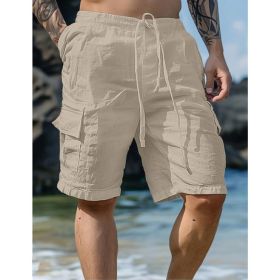 Cotton Linen Shorts Drawstring Elastic Waist Straight Leg Solid Color Breathable Beach Shorts (Option: Khaki-M)
