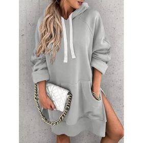 Women's Hooded Sweatshirt With Pockets Fashion Casual Split Mid-length Sweater Drawstring Tops (Option: Gray-M)