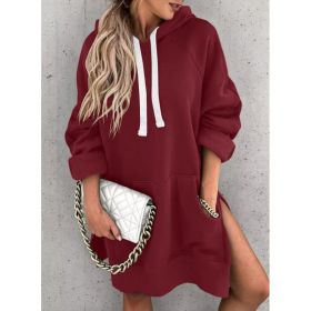 Women's Hooded Sweatshirt With Pockets Fashion Casual Split Mid-length Sweater Drawstring Tops (Option: Wine Red-M)
